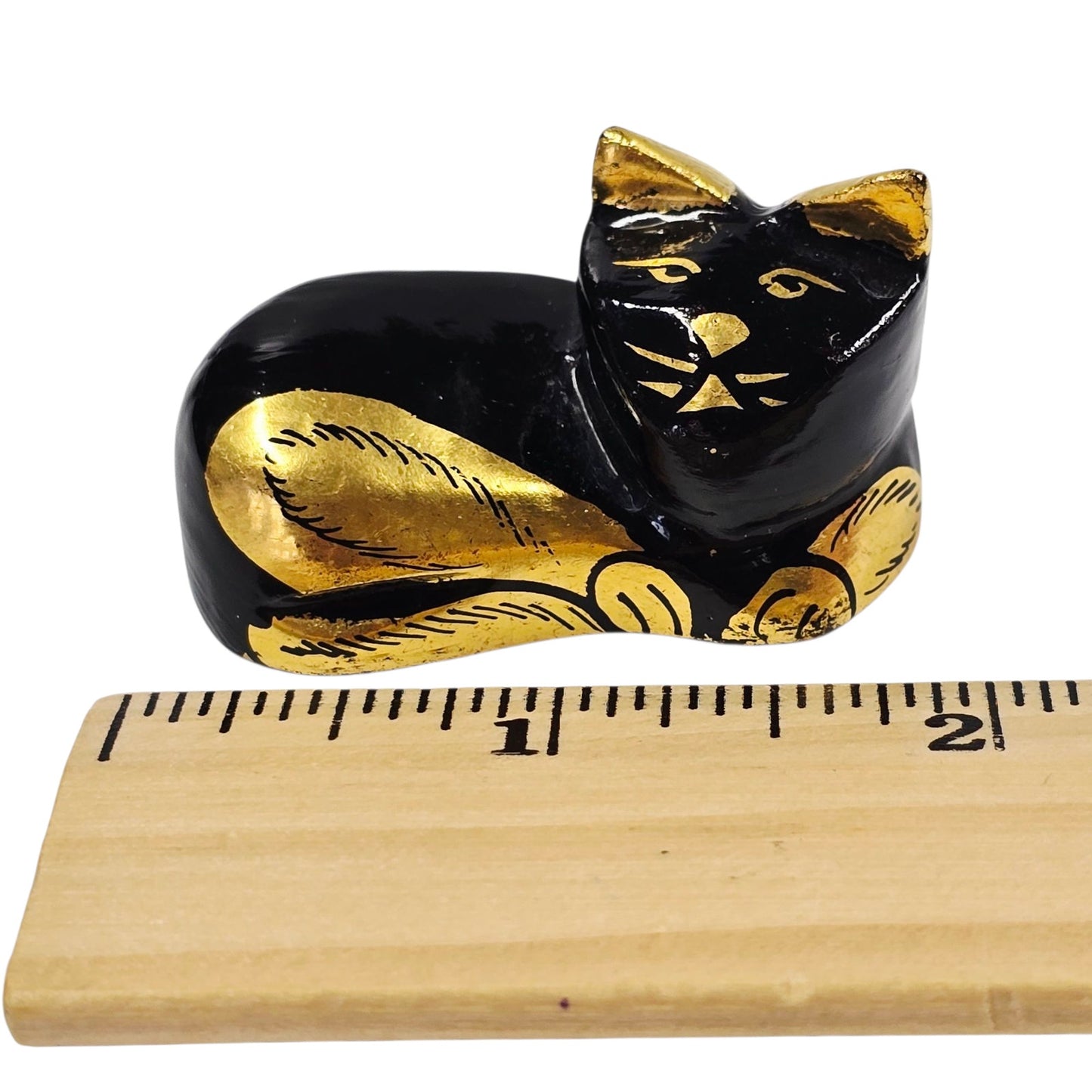 Handcrafted Black & Gold Lacquered Wooden Cat Figurine Gold Foil Accents 2"