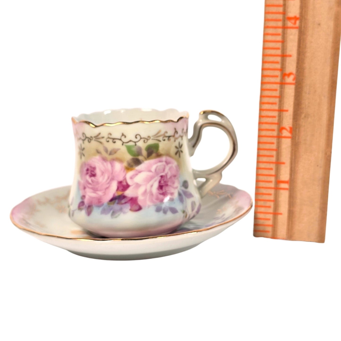 Vintage Japanese Porcelain Demitasse Cup and Saucer Set Floral Gold Trim Rose