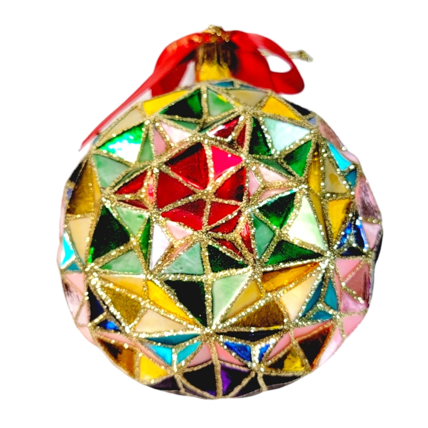 Waterford Christmas Holiday Heirloom Ornament Faceted Multi-Colored Red Ribbon Gold Glitter 5"