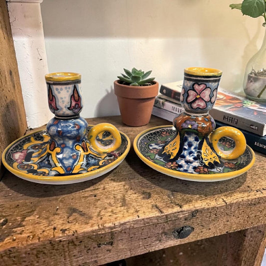 Vtg Casa Rugerio Puebla Mexico Talavera Candlesticks Pair Hand Painted Pottery