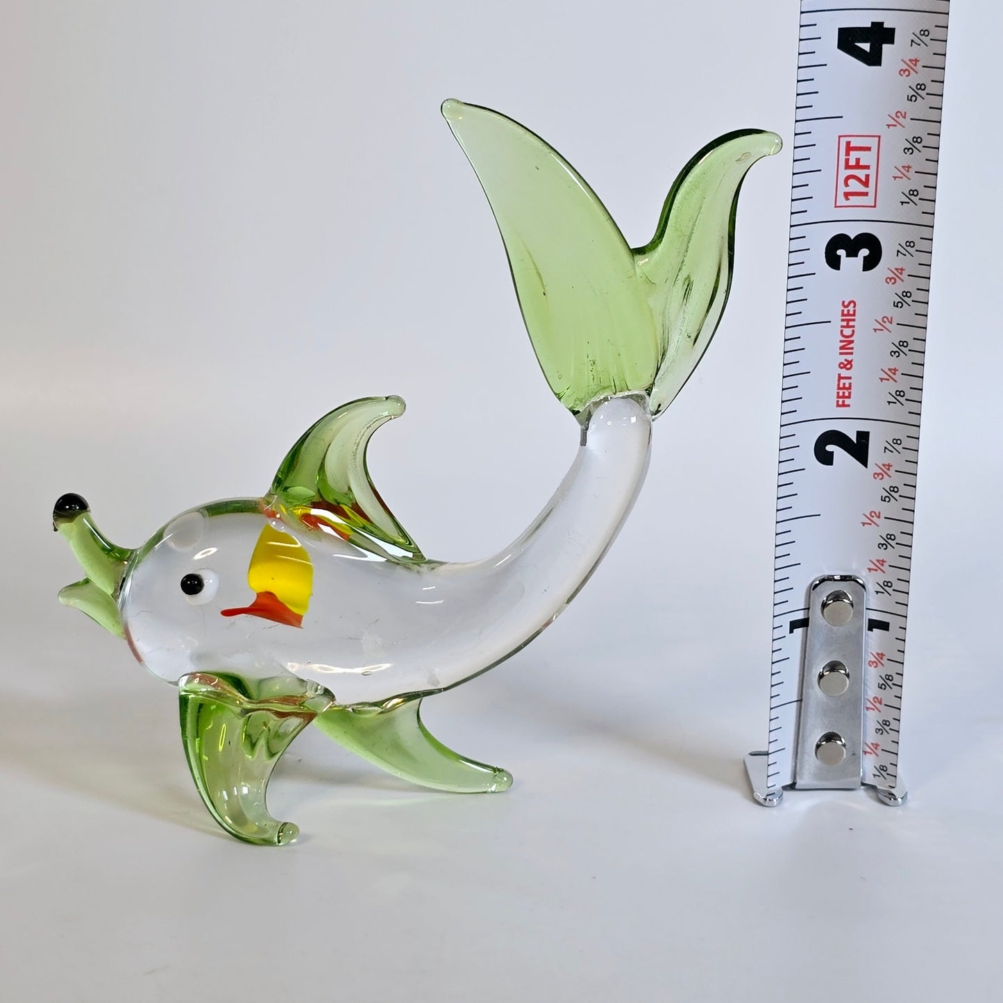 Handblown Art Glass Fish, Green, Yellow, Orange Stretch Glass Fish