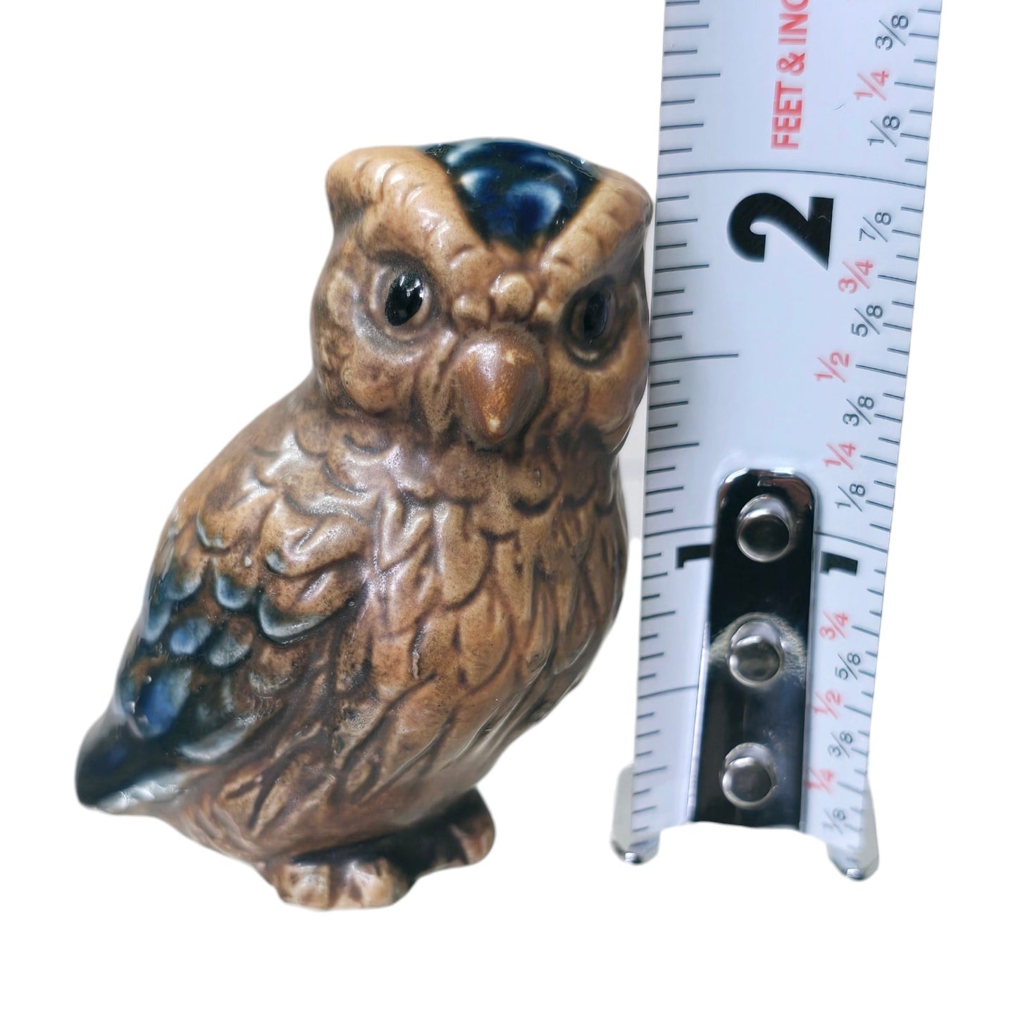 Tiny Vintage Ceramic Owl Figurine Blue Feathers Made in Japan