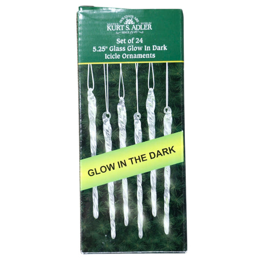 5.25” Kurt Adler Glass Glow in Dark Ice Icicle Ornaments Set of 24