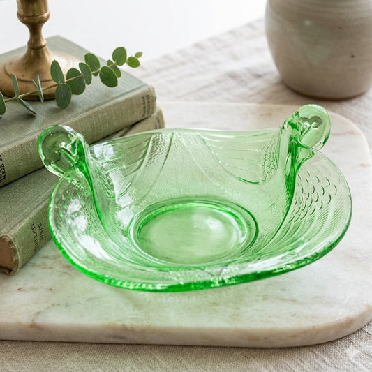 Fenton Dugan Uranium Glass Seagull Dish Swan Double Handle Green Glow Vintage