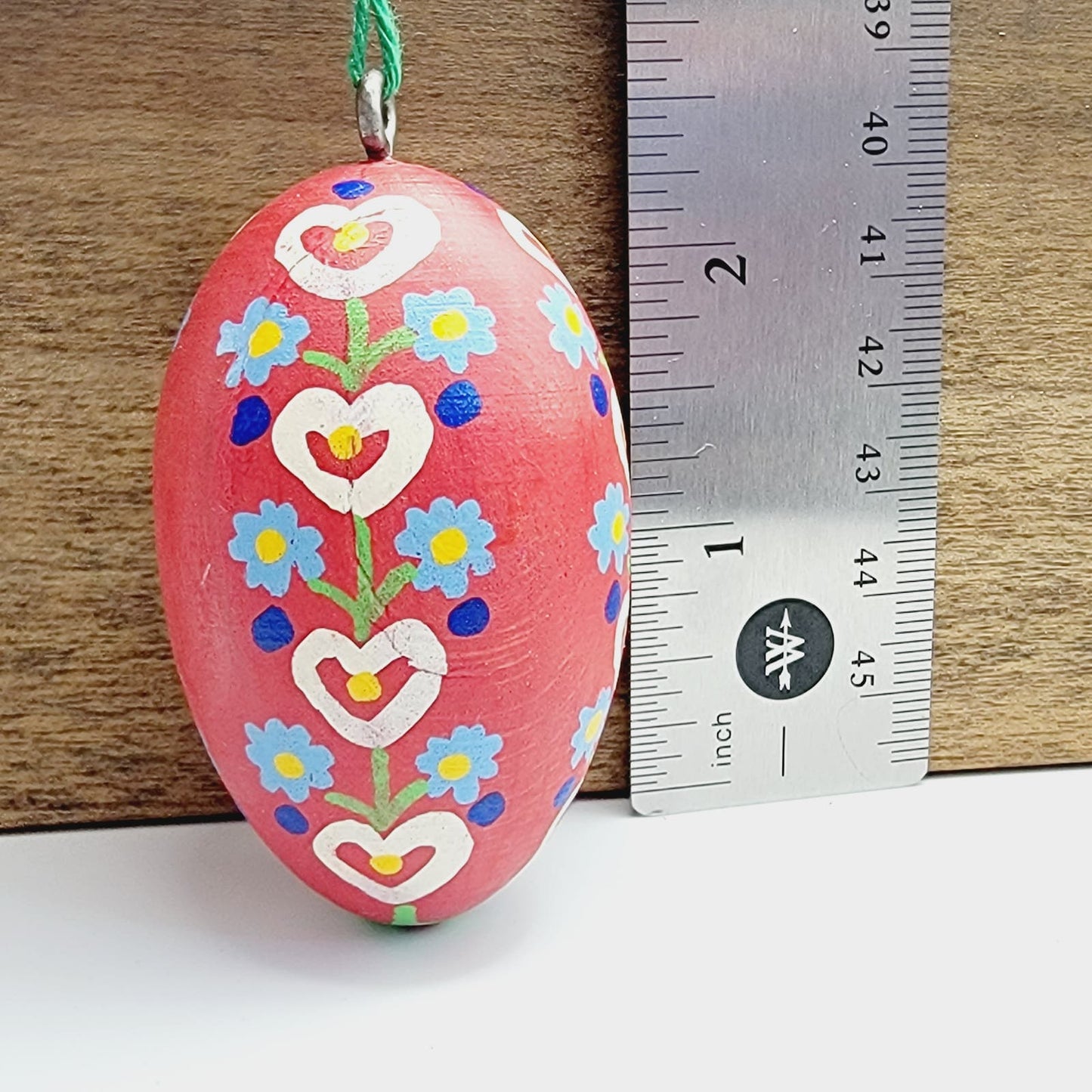 Vintage Wooden Hand Painted Easter Egg Ornament Flowers and Hearts Design Red