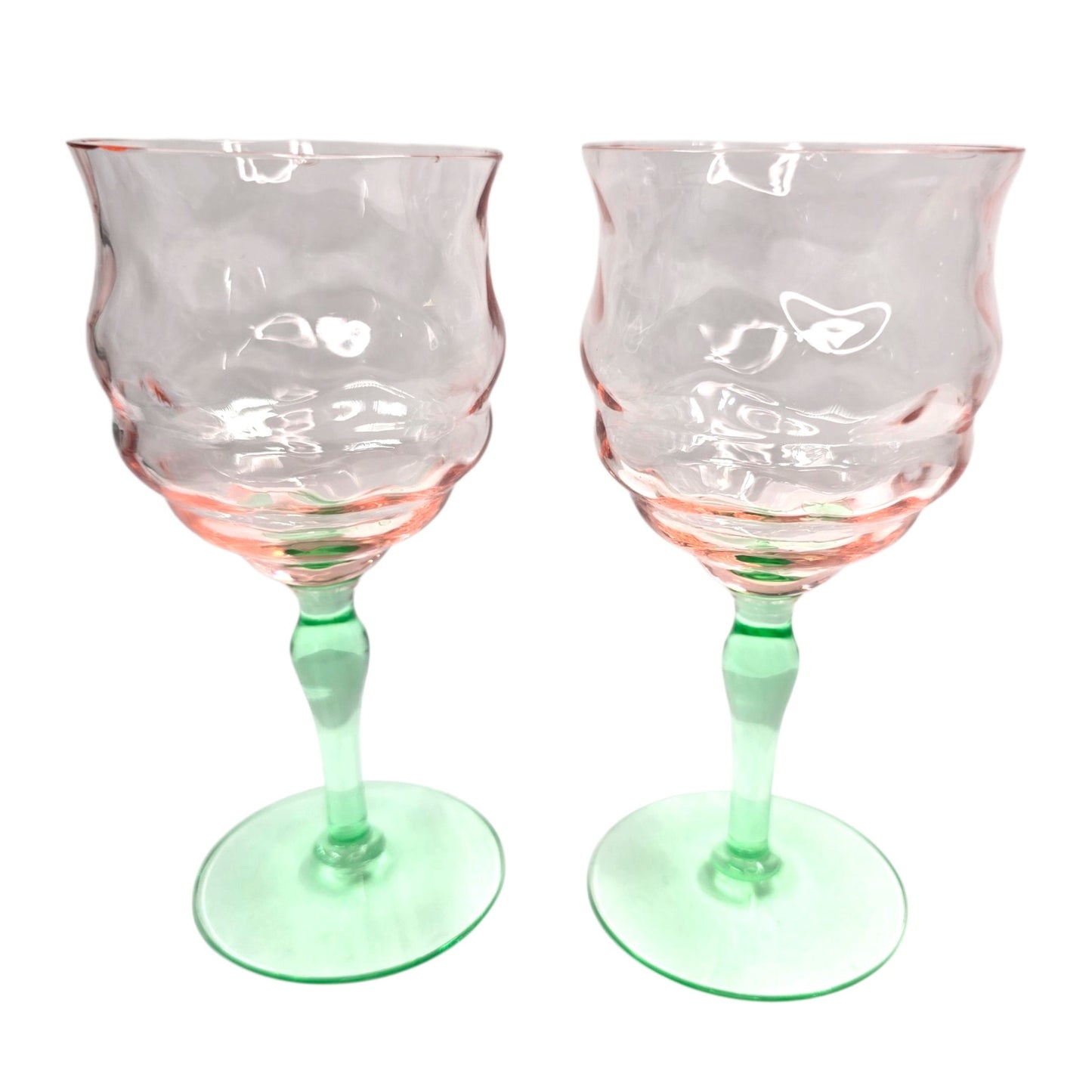 AS IS Tiffin Watermelon Uranium Glass Cocktail Coupe Champagne Glasses Set of 2