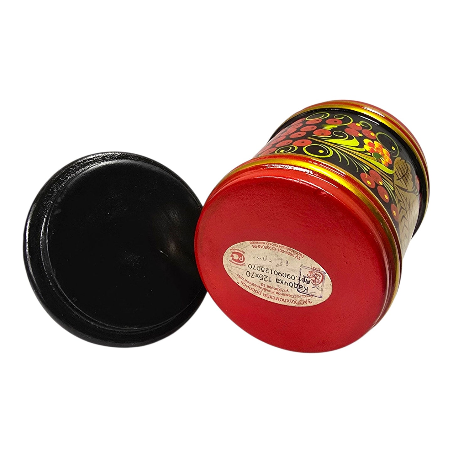 Vtg Russian Khokhloma Painted Wooden Lidded Jar Black Red Gold Floral Folk Art