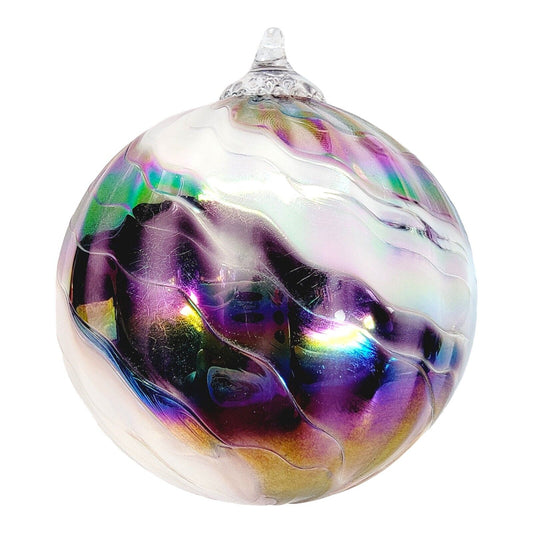 Hand Blown Studio Art Glass Ornament Ball Purple Iridescent Swirl 4" H