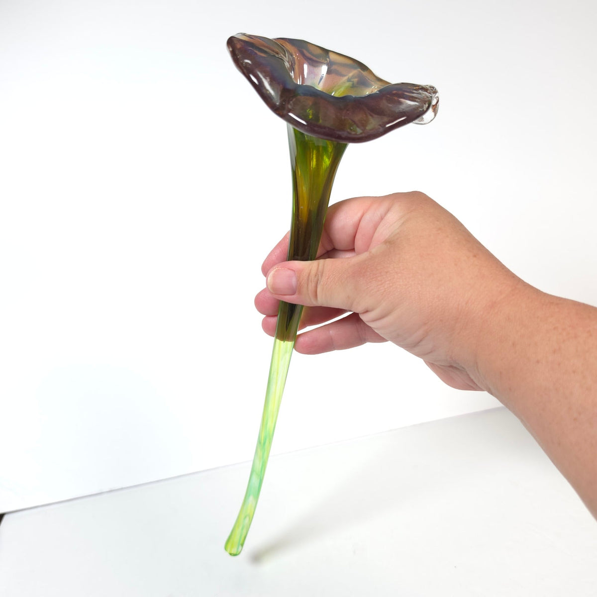 Vintage Art Glass Calla Lily Flower Long Green Stem Purple Pink Bloom 12 Inch
