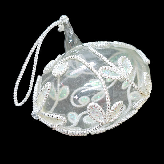 Glass Embellished Ornament, White Iridescent Floral Trim
