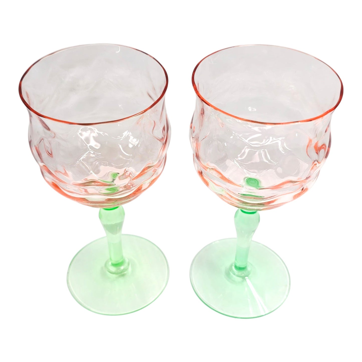 Vtg Tiffin Watermelon Uranium Glass Cocktail Coupes / Champagne Glasses Set of 2