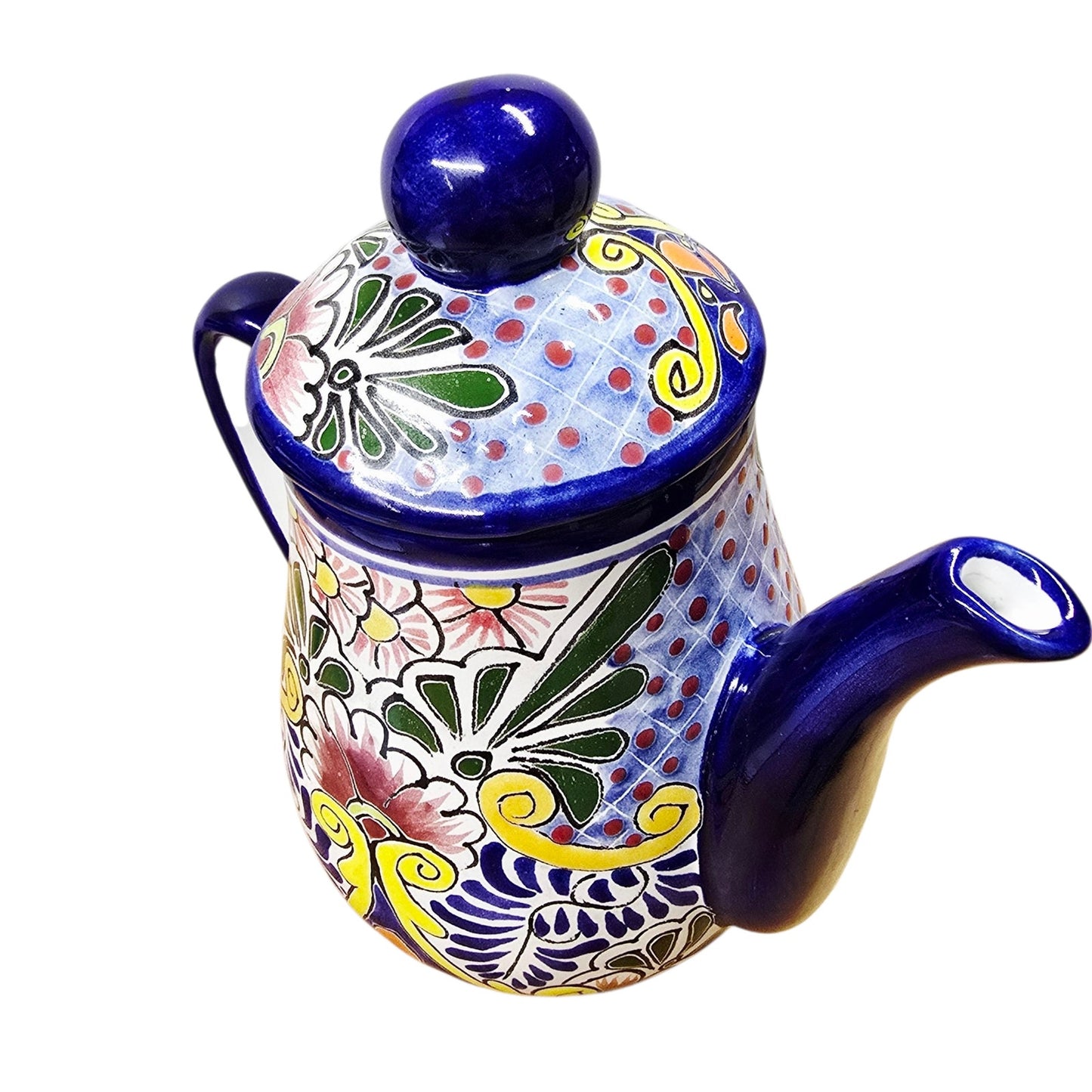 Talavera Teapot Coffee Pot Signed Liceagui Mexico Lead Free Hand-Painted Cobalt