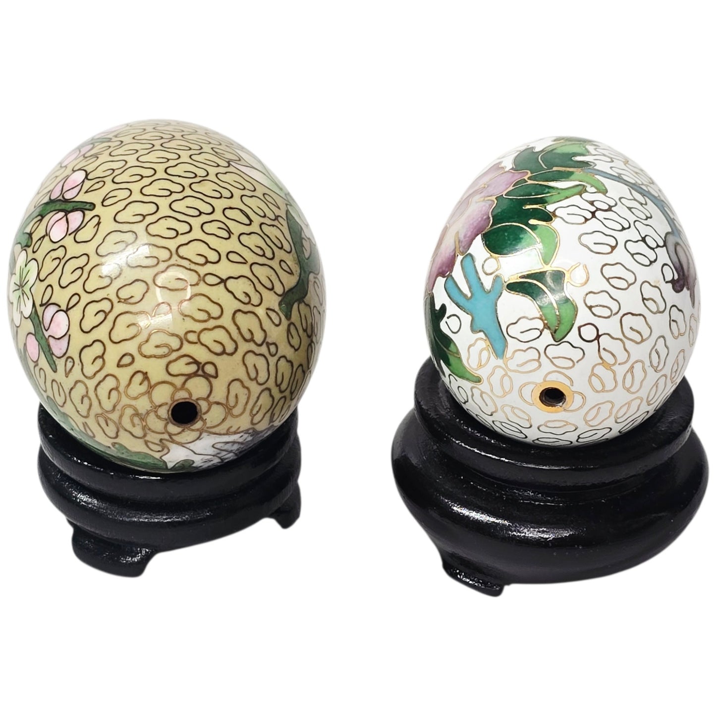 Vtg Chinese Cloisonné Enamel on Brass Eggs on Wooden Stands Set of 2 Floral Bird
