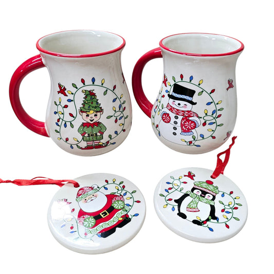 Set of 2 Temptations Whimsical Holiday Coffee Mugs with Lids / Ornament, 18 oz