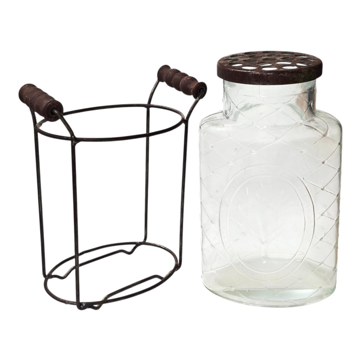 Rustic Farmhouse Glass Floral Vase with Fixed Flower Frog Lid & Wire Caddy