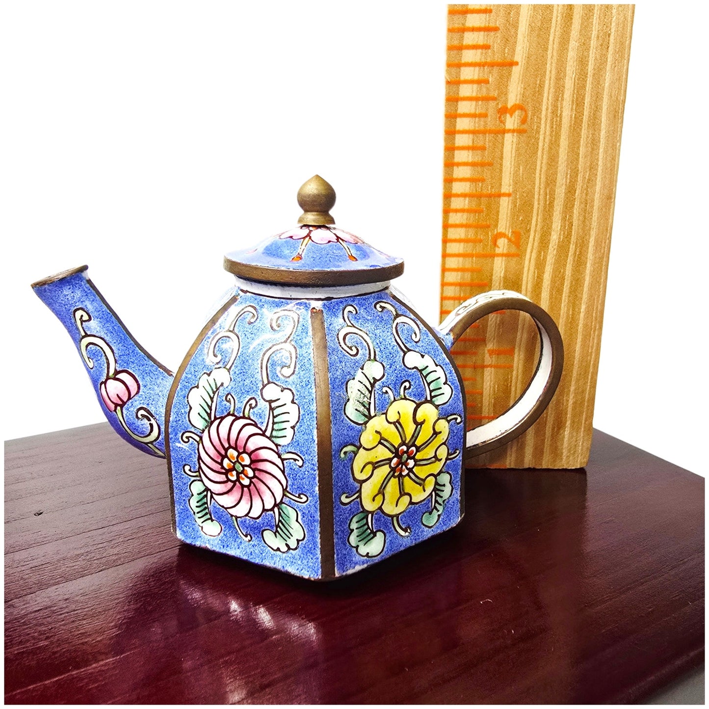 Vintage Miniature Cloisonné Enamel Teapot with Wooden Box - Lined Keepsake Set