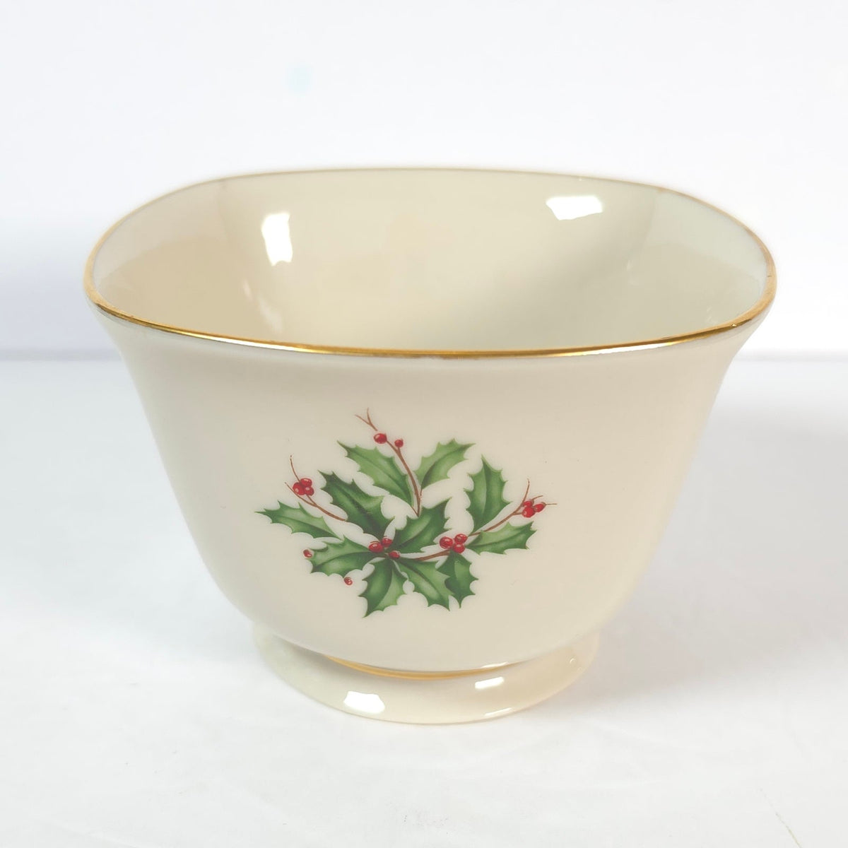 Vintage Lenox Holiday Holly Berry Footed Square Bowl Gold Trim Made in USA