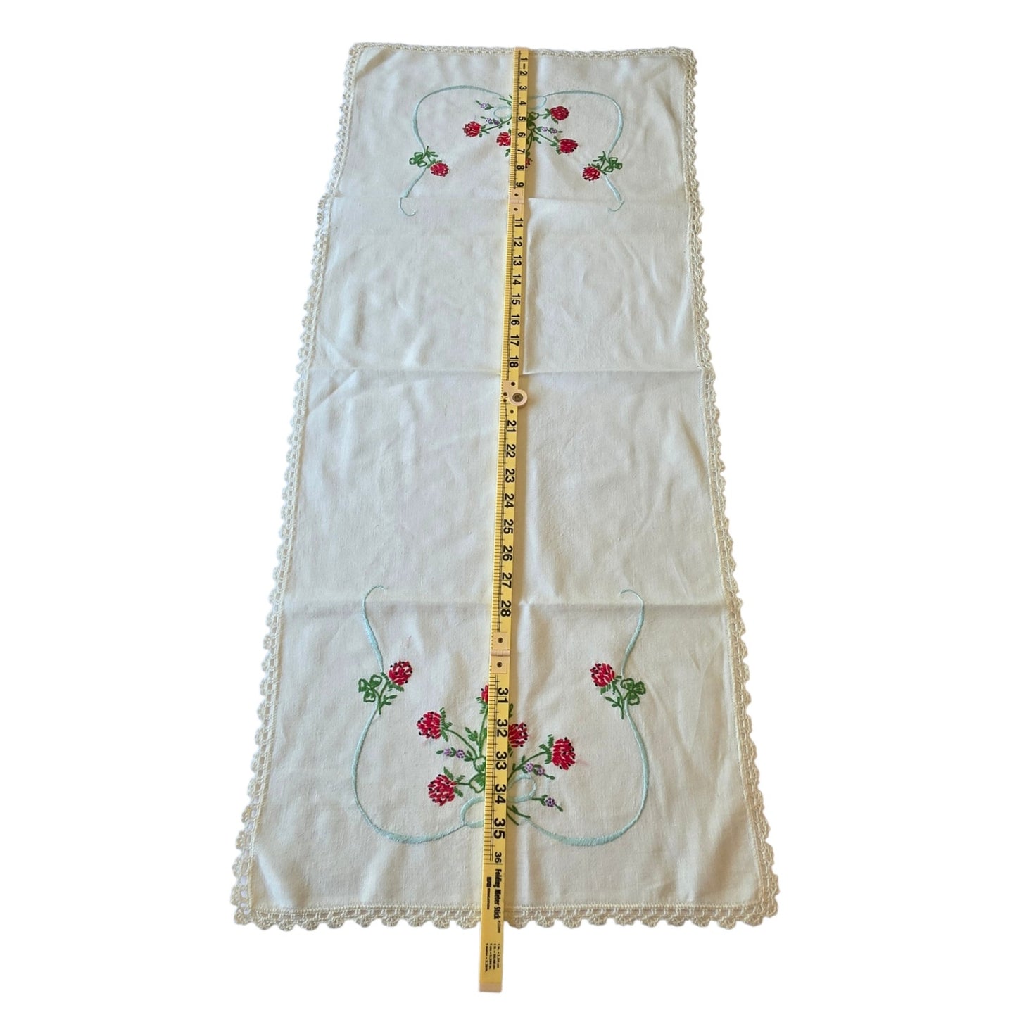 Vintage Berry Blossom Embroidered Linen Table Runner Dresser Scarf Crochet Lace