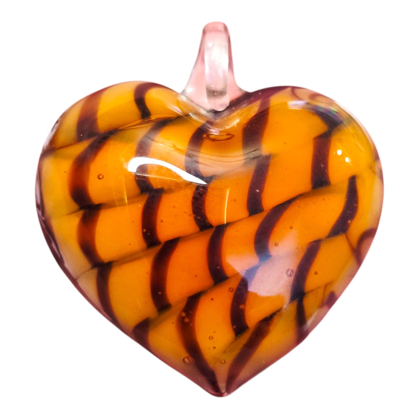 * Vintage Venetian Art Glass Heart Pendant Tiger Stripe Puffy Heart