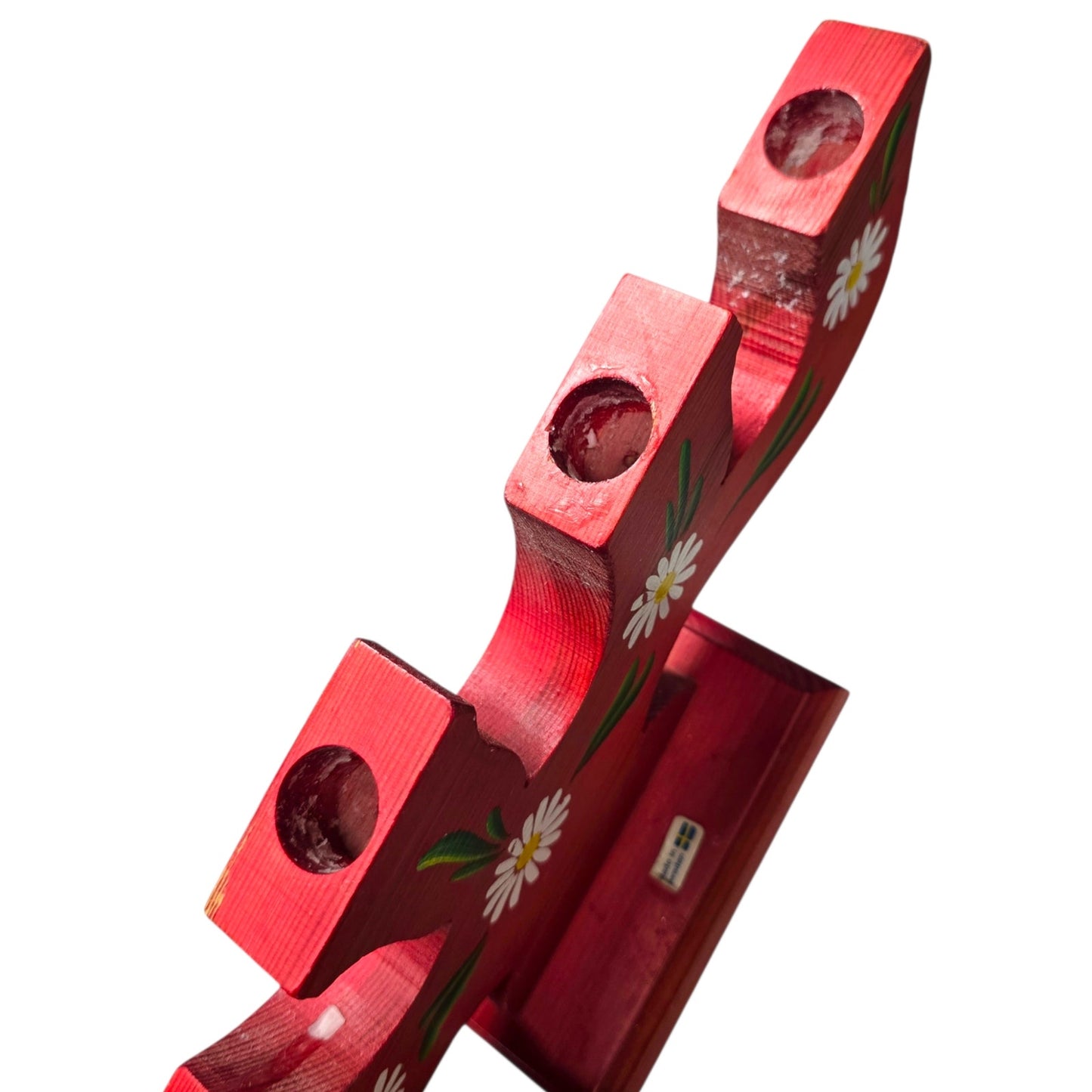 Vintage Sweden Wooden Candelabra Candle Holder Red Floral Hand Painted Folk Art