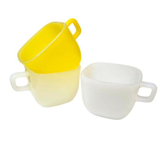 Glasbake Milk Glass Mugs Set 3 Square White Yellow USA Vintage Coffee Cups