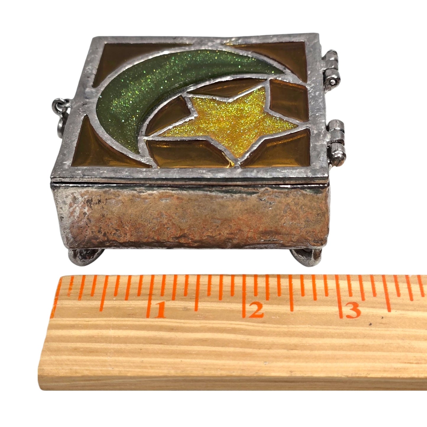 Vtg Stained Glass Moon Star Trinket Box Pewter Tone Soldered Metal Made USA