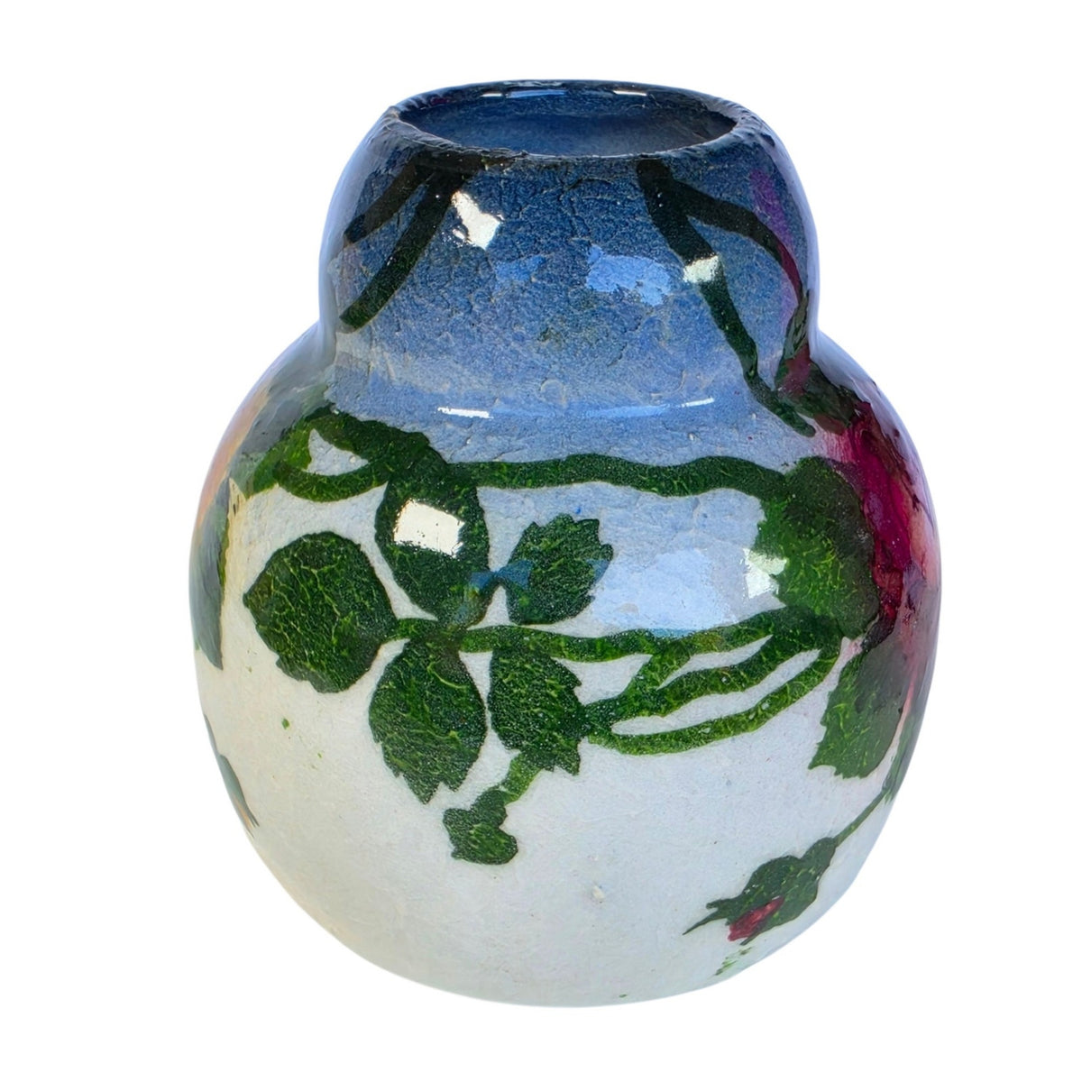 Vintage Hand Painted Floral Art Pottery Vase Crazed Glaze Roses 3.5"