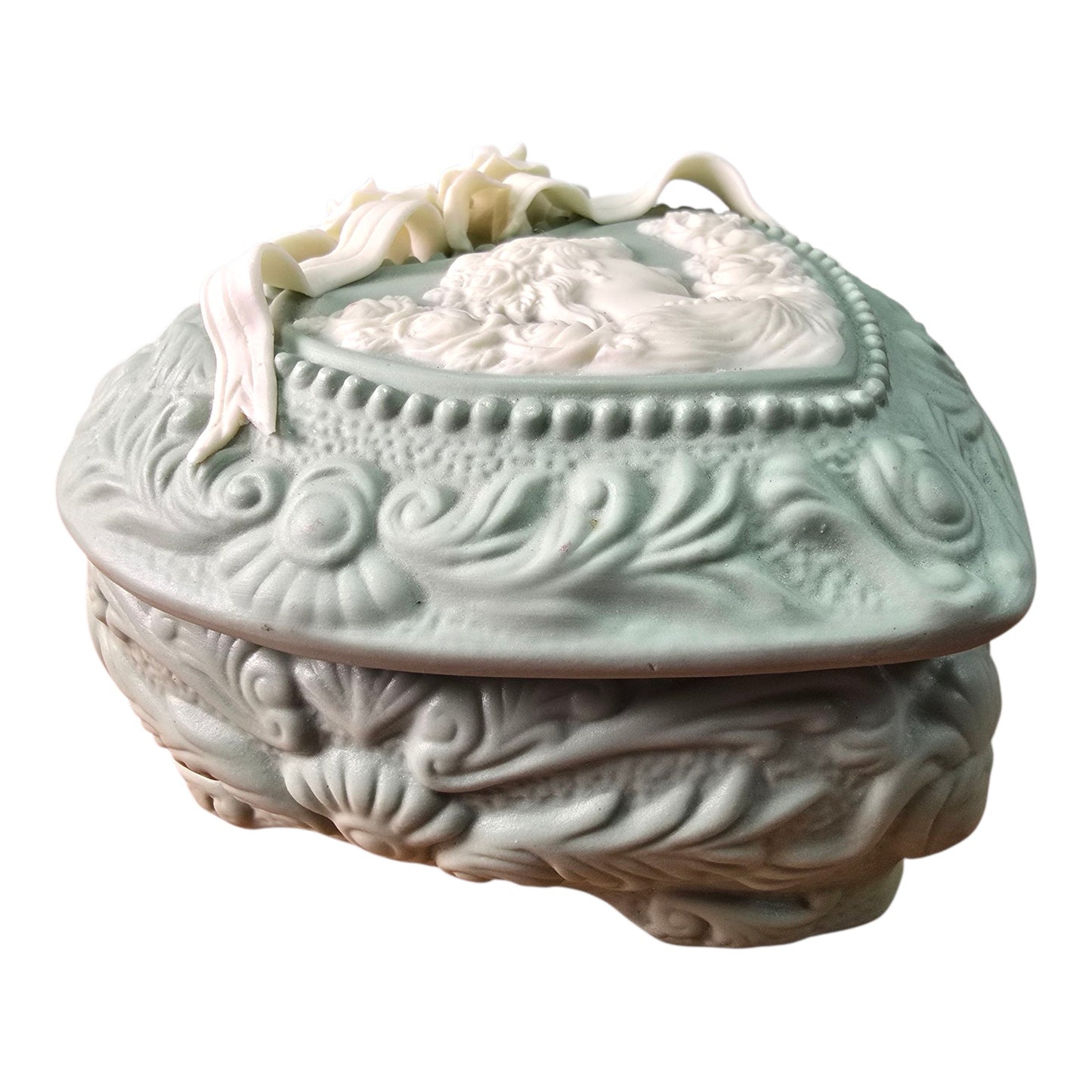 (Reserved for Customer) Large Vintage Jasperware Green Heart Shaped Dresser Box, Cameo & Floral Ribbon