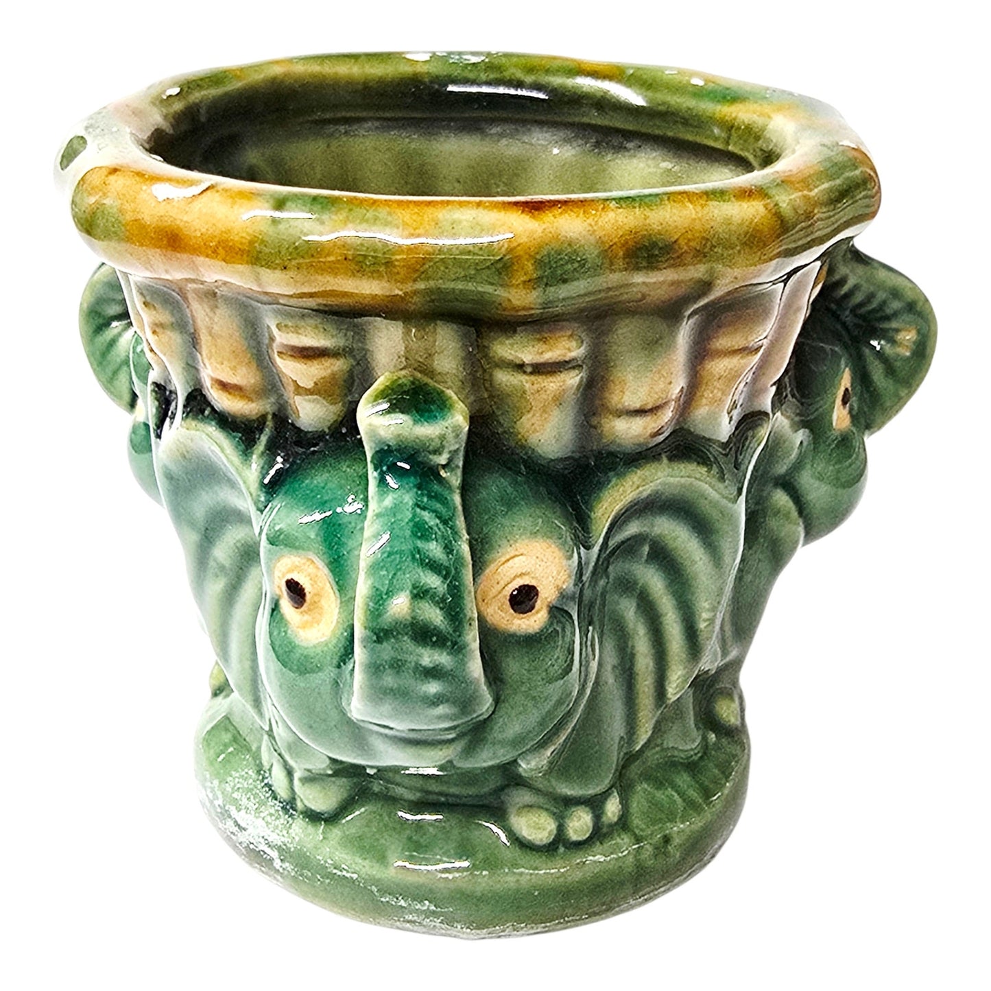 Vintage Majolica Style Elephant Planter Green Drip Glaze Ceramic Lucky Elephants