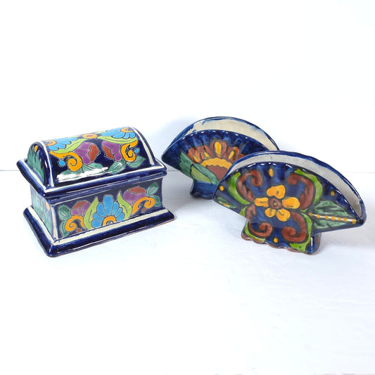 Mexican Talavera Pottery Set T Vazquez Lidded Trinket Box 2 Floral Fan Vases