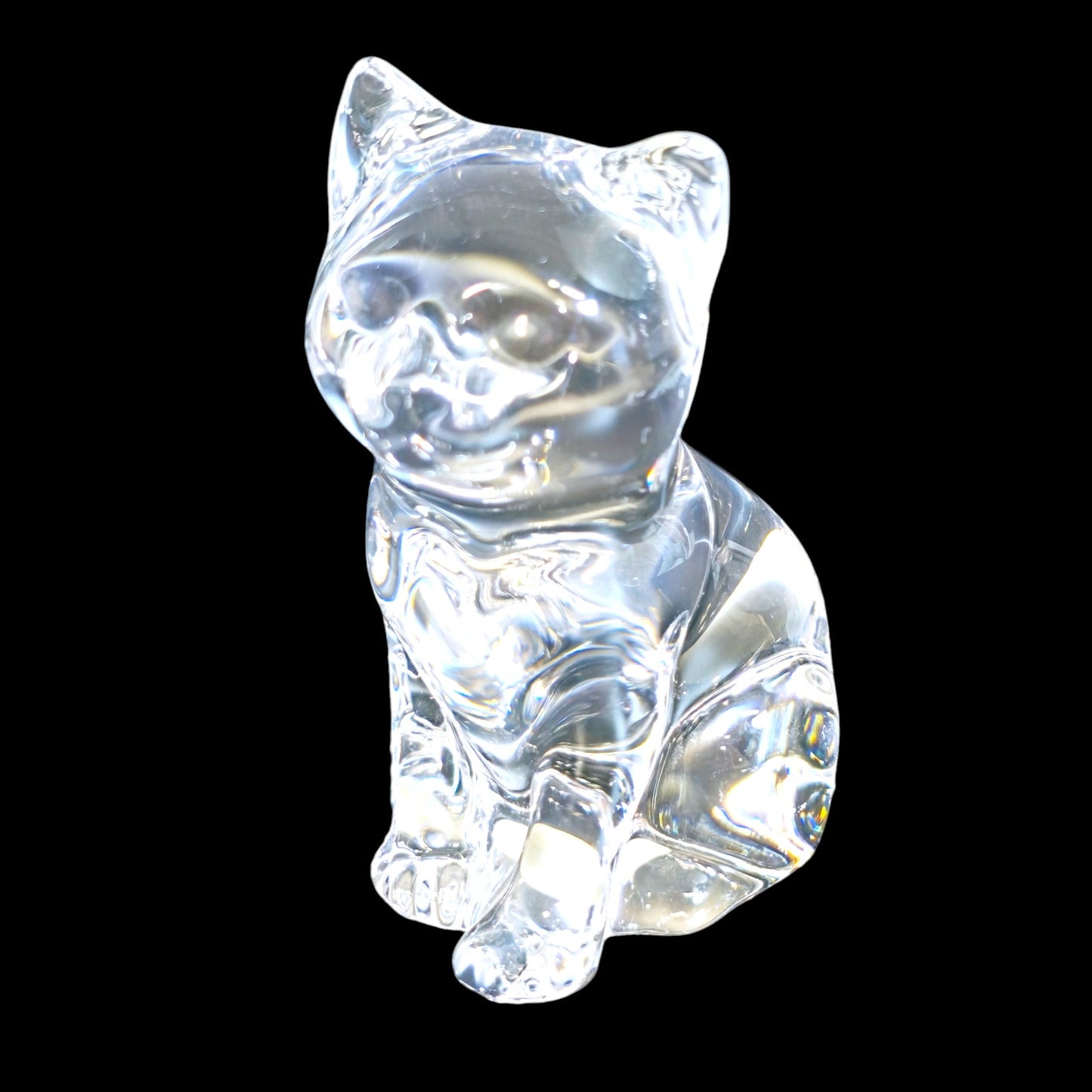 Handblown Clear Art Glass Cat, Polished Bottom