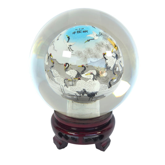 Vintage Chinese Inside-Painted Glass Sphere Hundred Cranes Ren-Wu 2002 4.5"