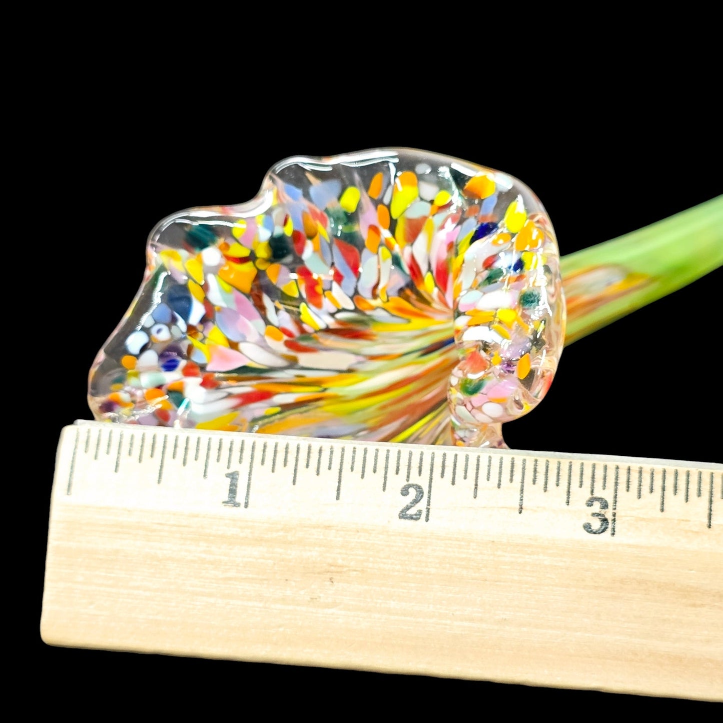 Art Glass Flower Sculpture Confetti Stripe Swirl Long Stem 9.5" Multi Color