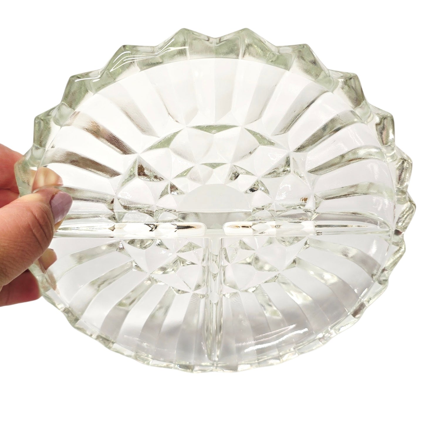Vintage Pressed Glass Divided Relish Dish Clear Sunburst Pattern AS IS Read