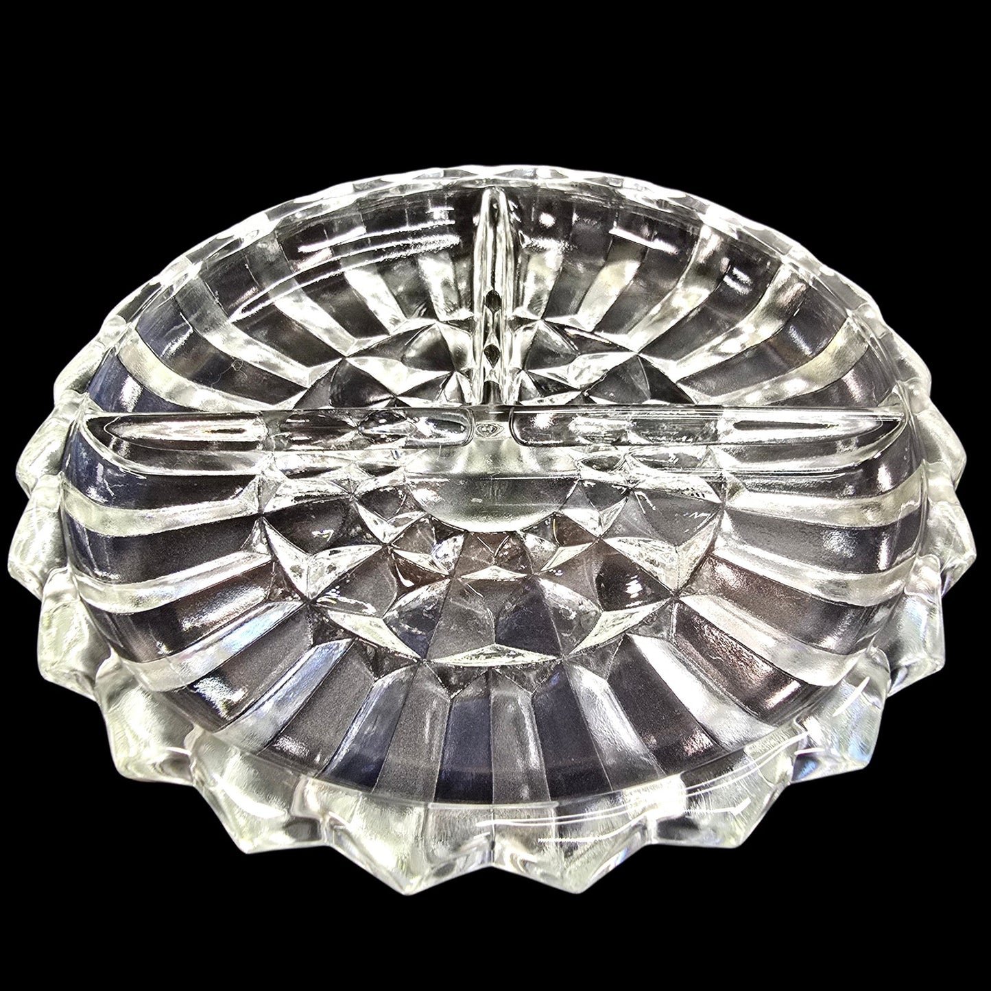 Vintage Pressed Glass Divided Relish Dish Clear Sunburst Pattern AS IS Read