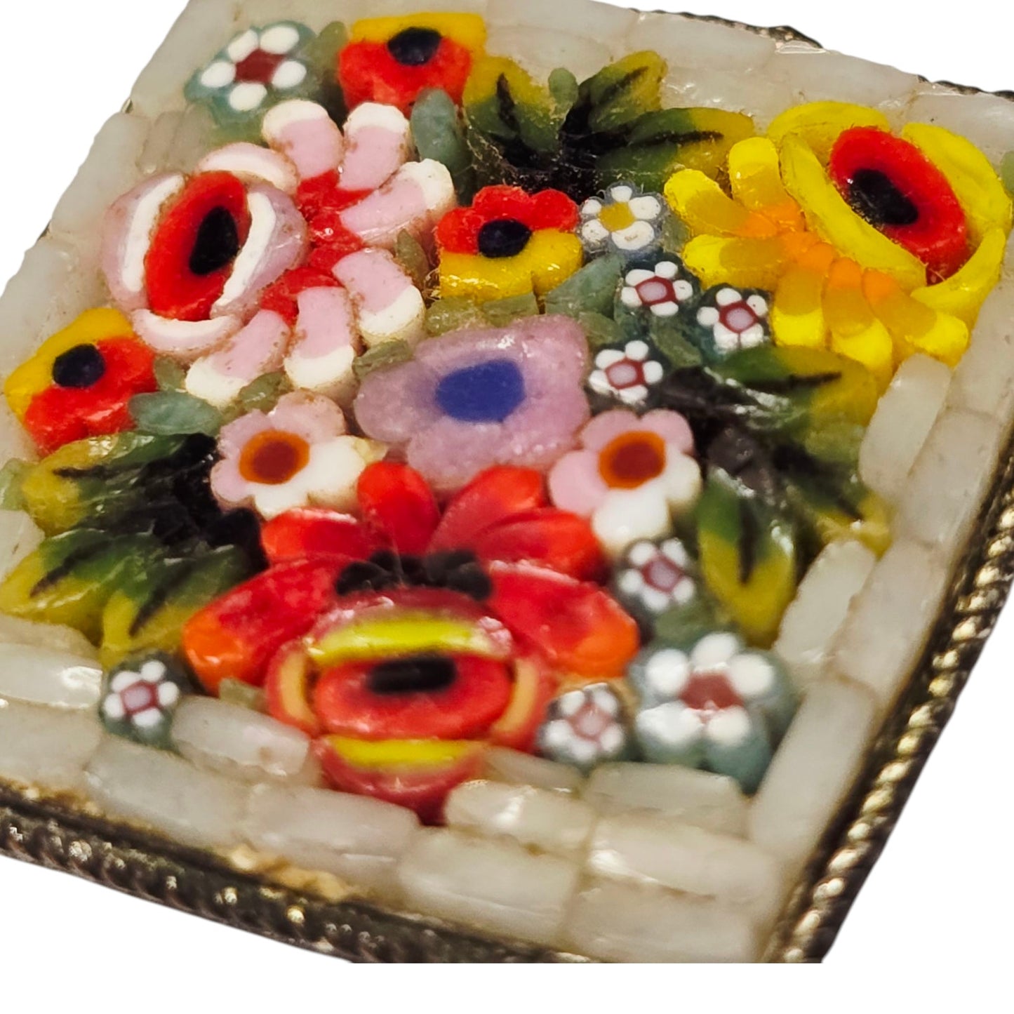 Italian Micro Mosiac Flower Pendant Marked Made in Italy Silver Plate Floral Red Yellow Pink
