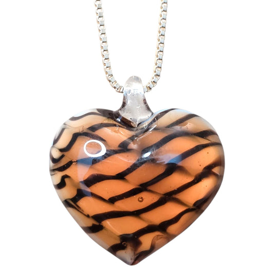 * Vintage Venetian Art Glass Heart Pendant Tiger Stripe Puffy Heart