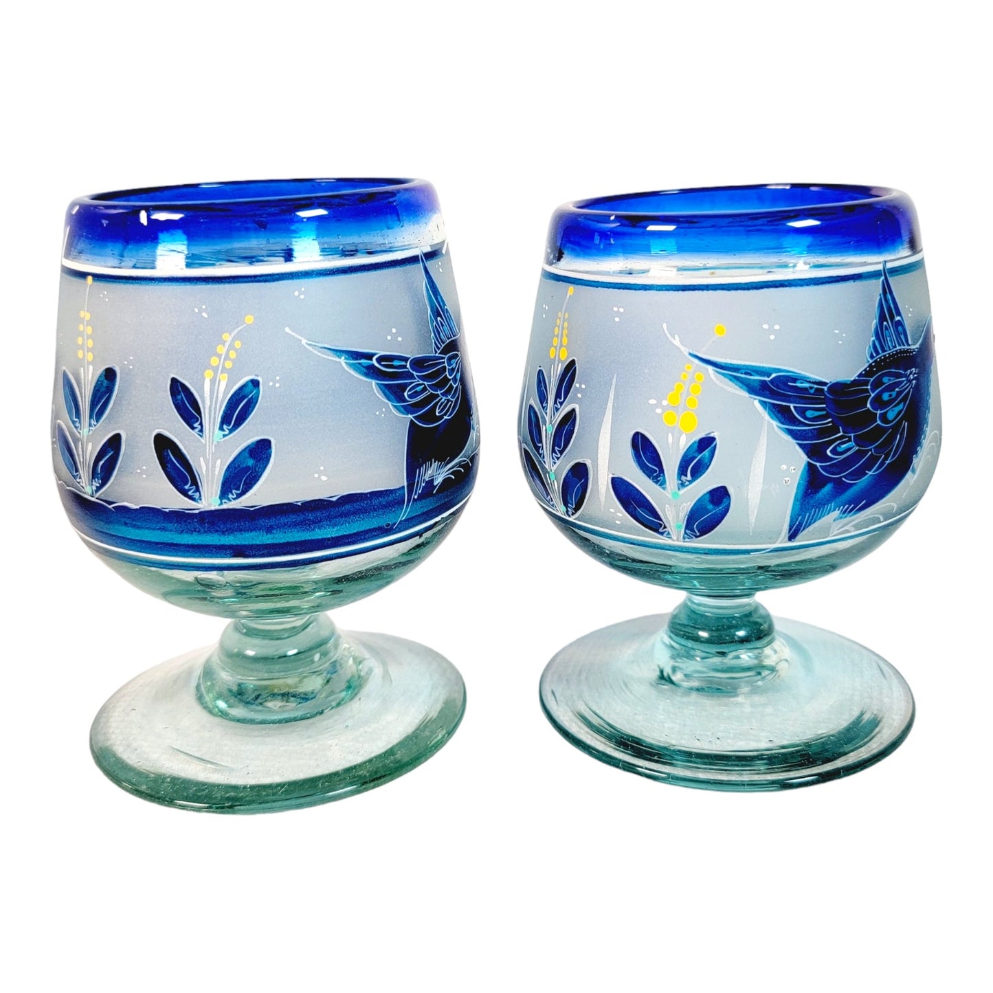 Set of 4 El Palomar Hand-Blown Hand-Painted Dove Bird Wine Glasses Cobalt Blue Rims