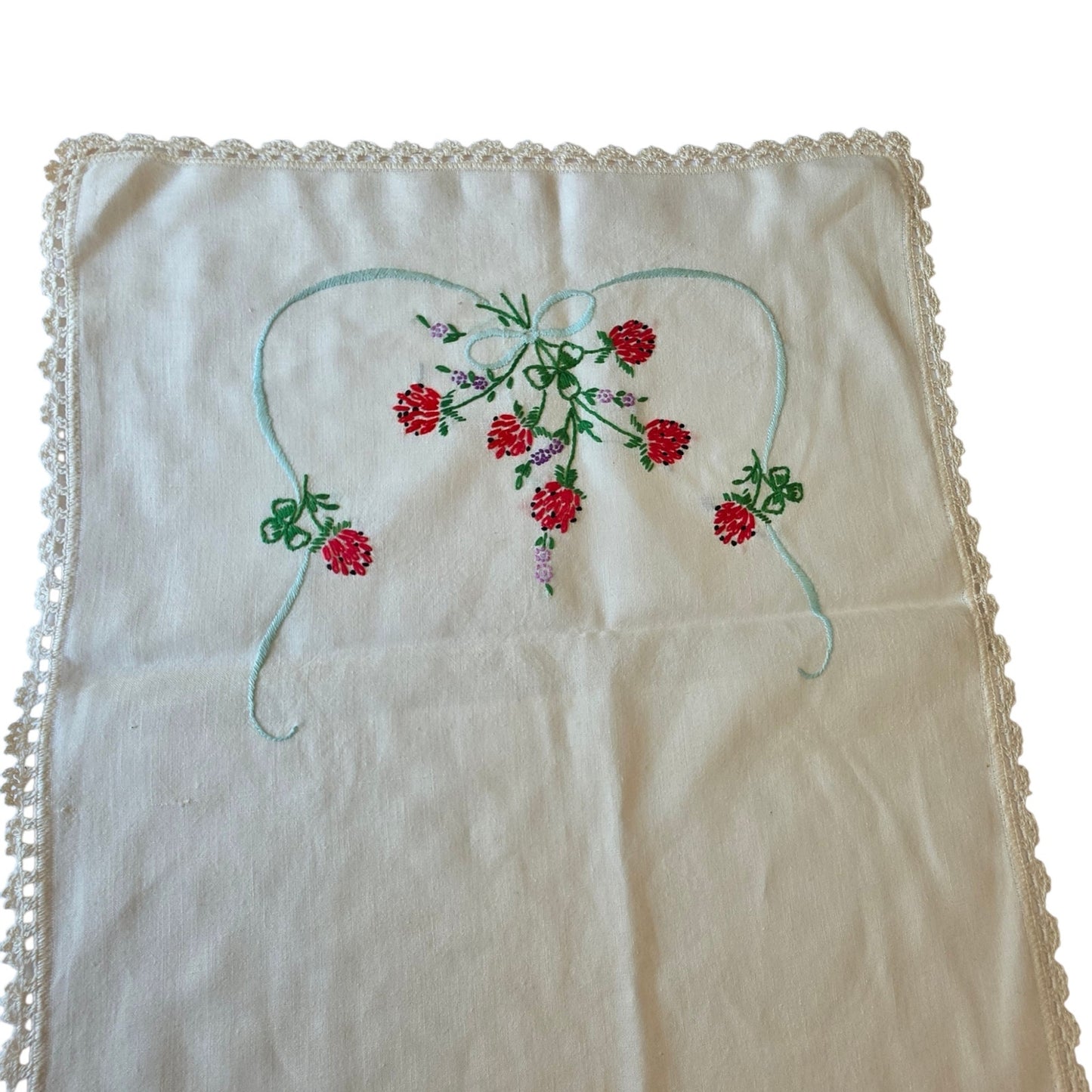 Vintage Berry Blossom Embroidered Linen Table Runner Dresser Scarf Crochet Lace