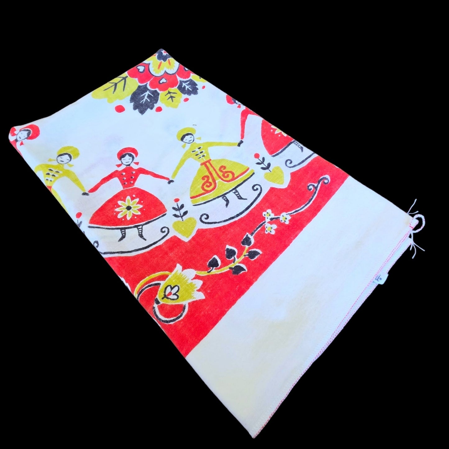Startex Wonder-Dri Kitchen Towel Vintage Folk Art Dancers Floral Red White