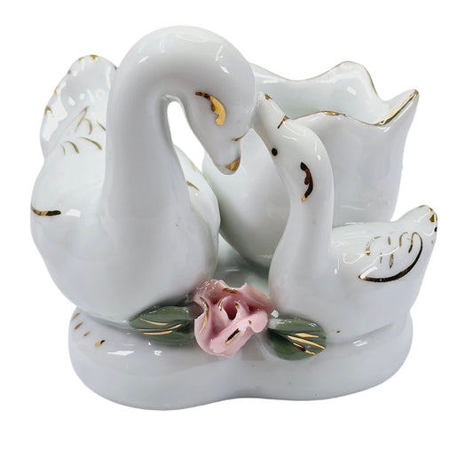 Vintage Swan and Cygnet Figurine, Toothpick Holder, White Gold Trim Pink Rose 2.75" H