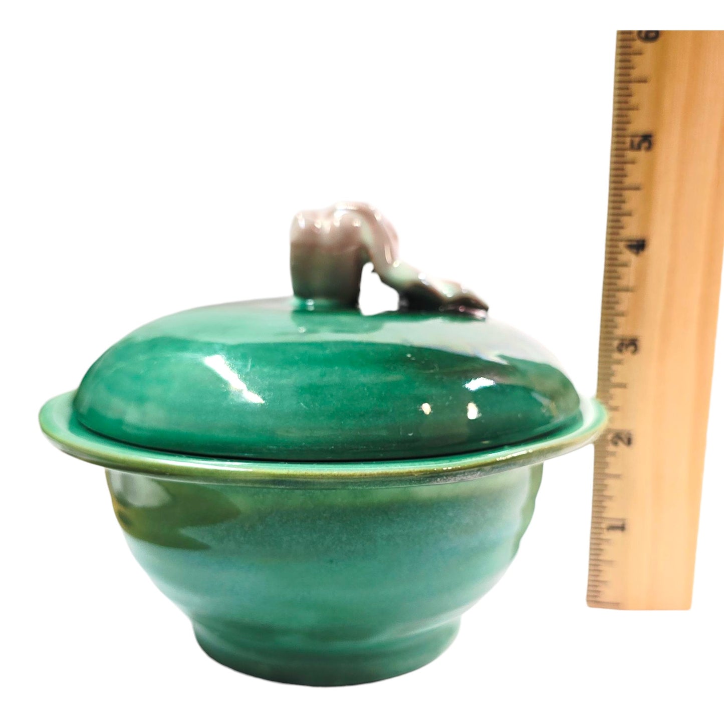 Vintage Stengl Pottery GreenTerra Rose Lidded Bowl Rose Finial Made in Trenton USA