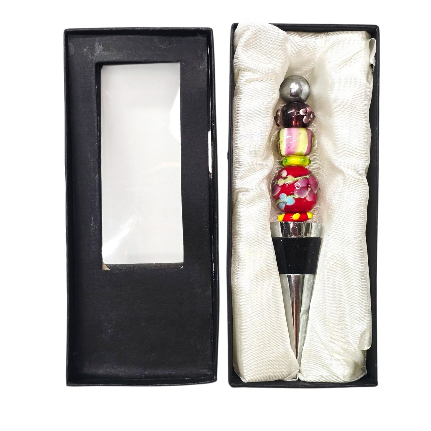 Bottle Stopper Blue Green Red Art Glass Bead Style Chrome Rubber BoHo Wine 5"