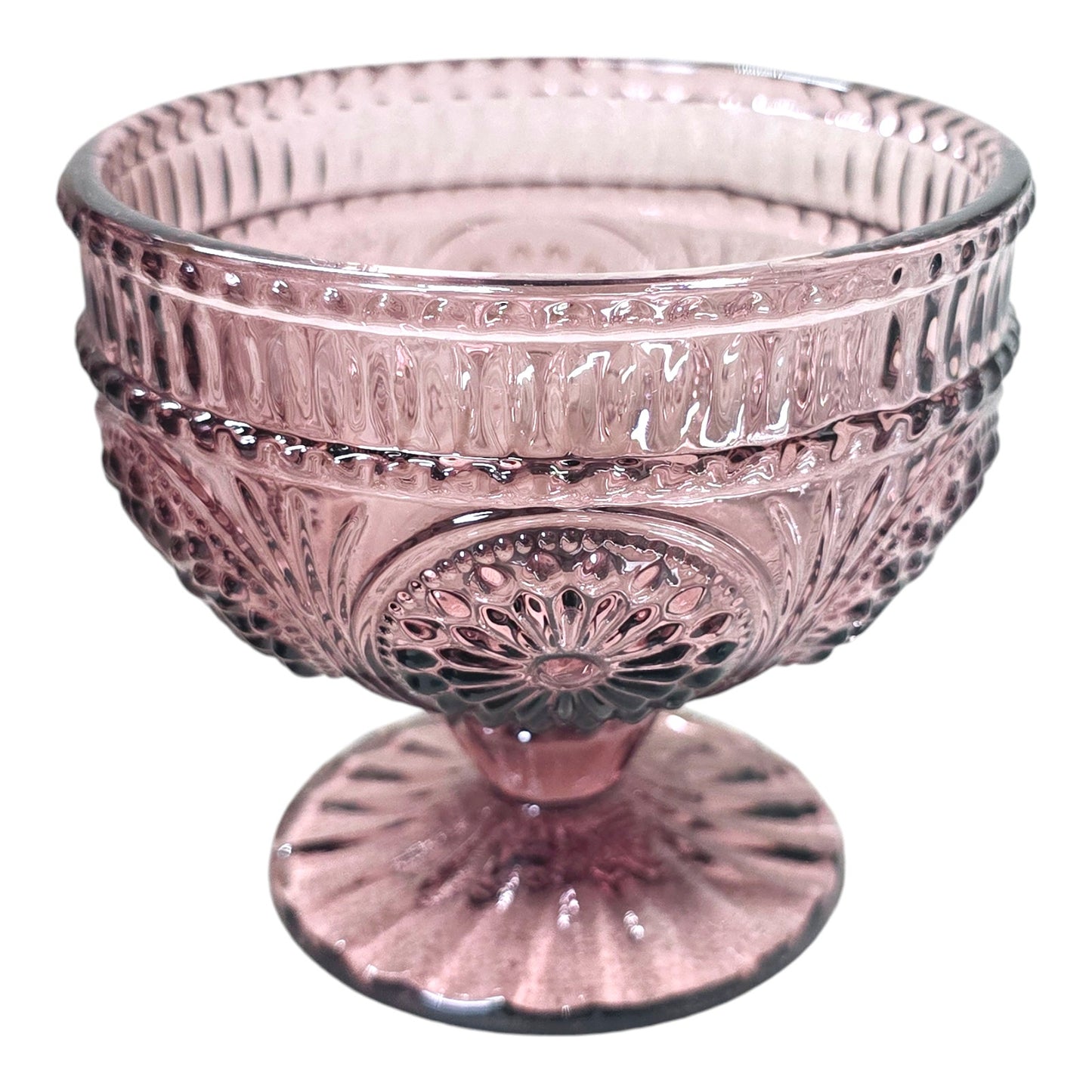 Pioneer Woman Plum Stemmed Glass Lot Raised Pressed Glass Goblet, Water Glass and Dessert Cup