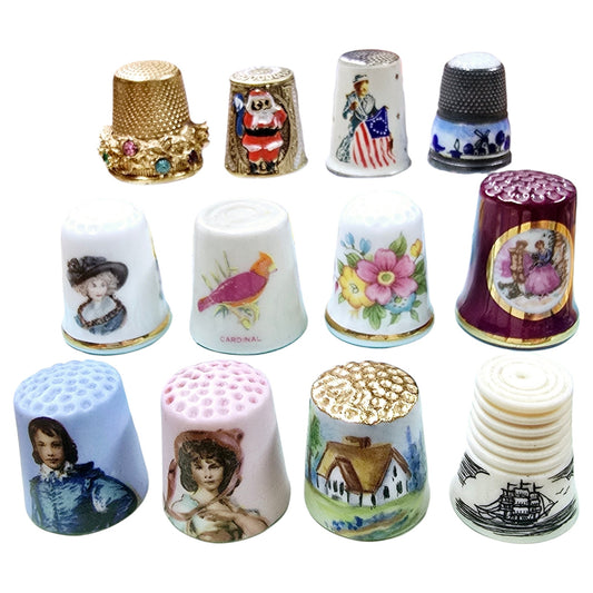 12 Vintage Thimbles Assorted Ceramic, Bisque, Metal, See Pictures & Description