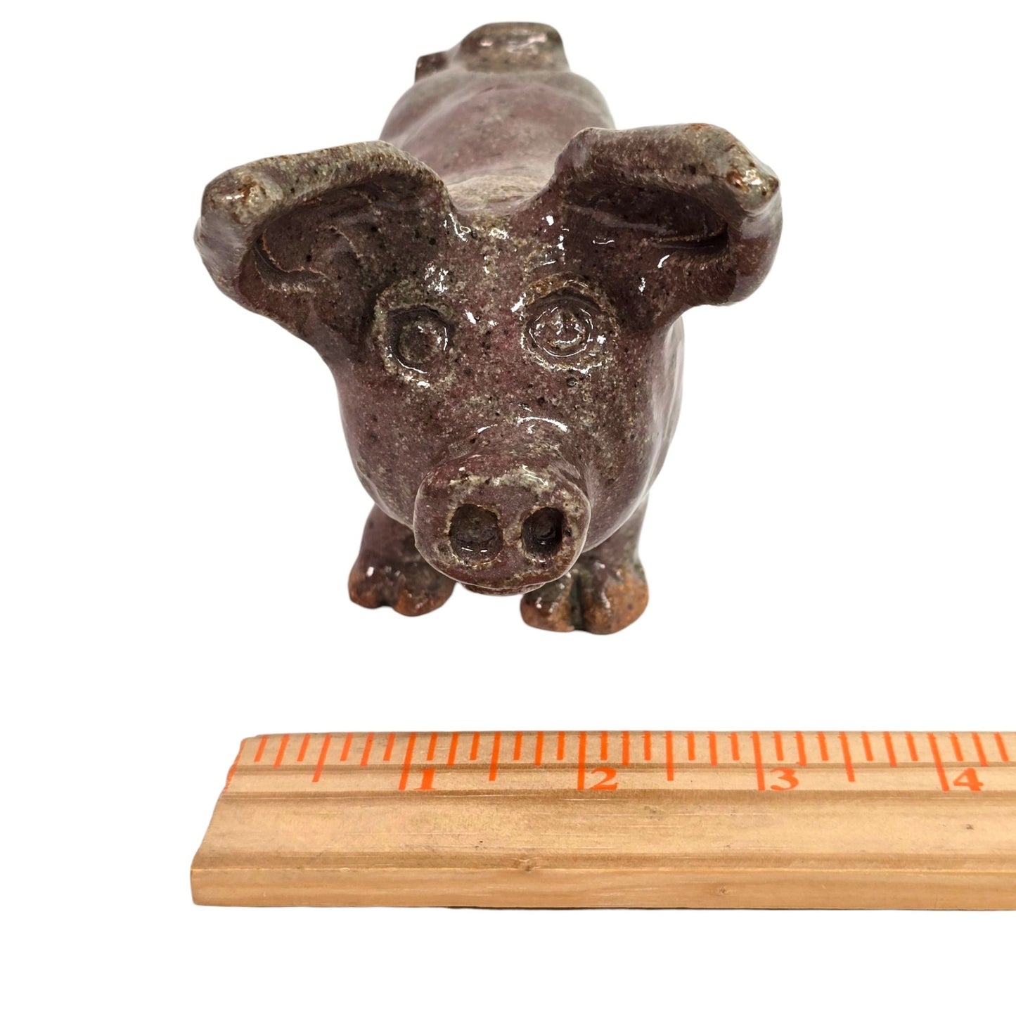 Vintage Studio Art Pottery Pig Figurine Signed BA Primitive Brown Glazed Clay
