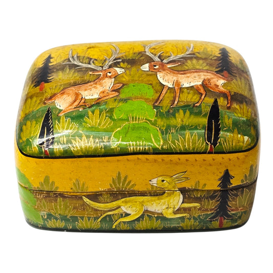 Vintage Kashmiri Hand-Painted Lacquerware Box - Stag & Doe Made in Kashmir India