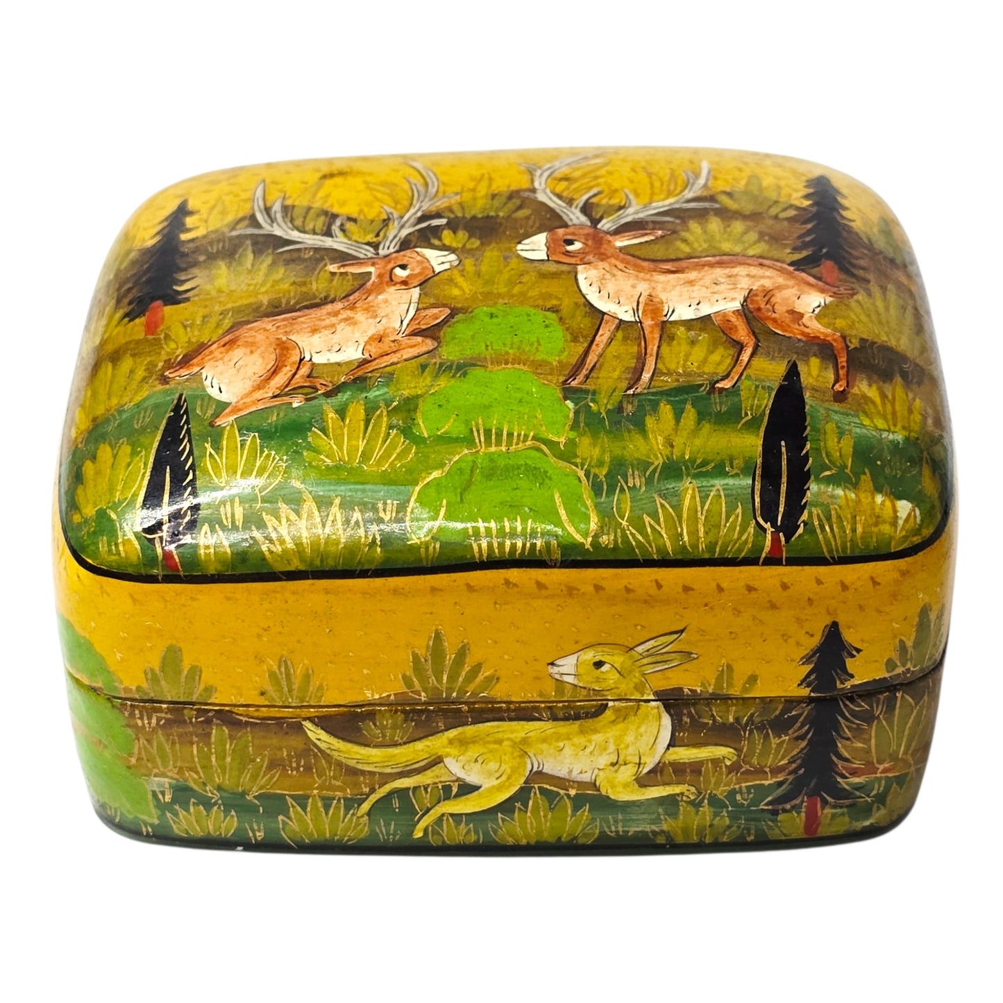 Vintage Kashmiri Hand-Painted Lacquerware Box - Stag & Doe Made in Kashmir India