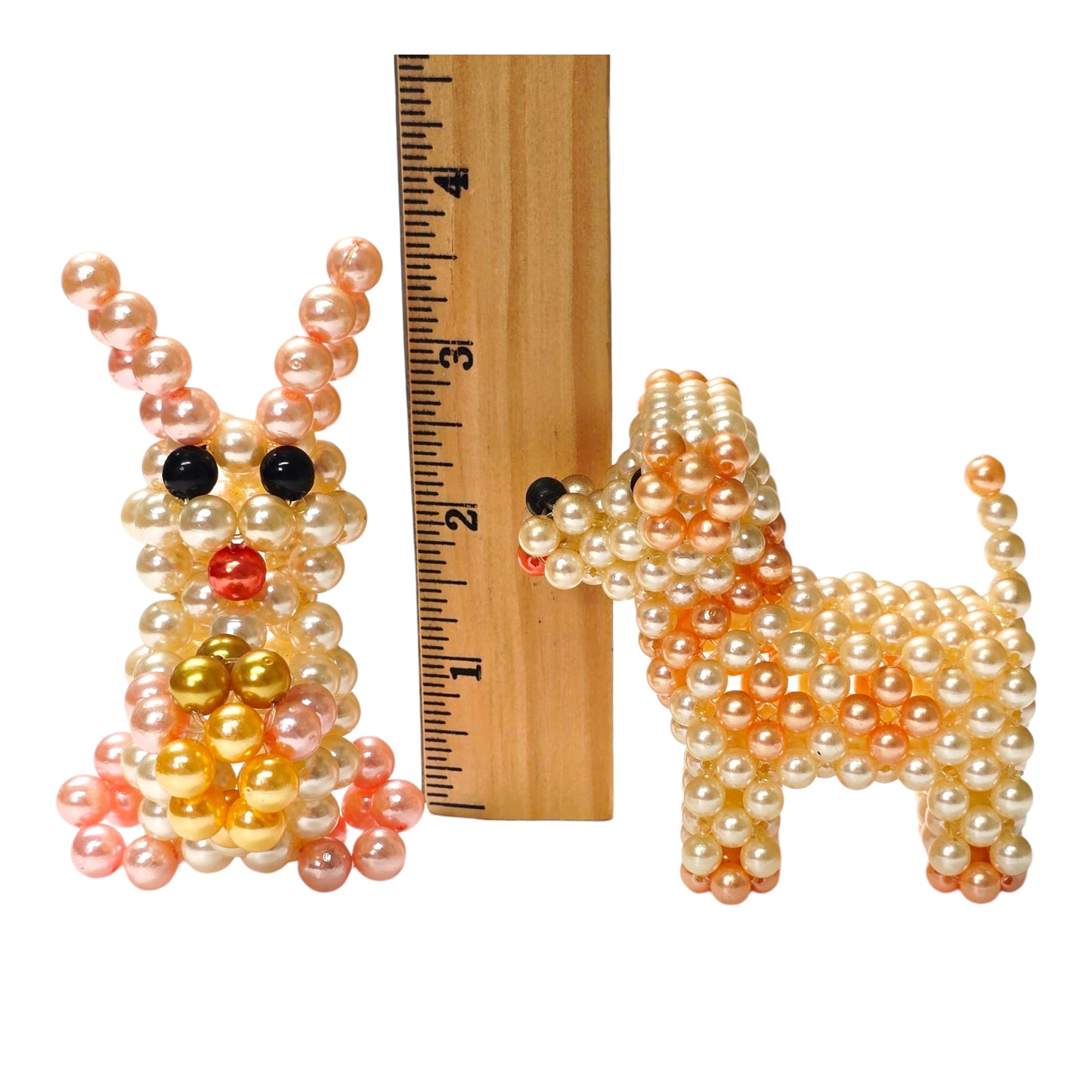 Set of 2 Vintage Faux Pearl Beaded Dog and Bunny Pink & Cream Pearl Figurines
