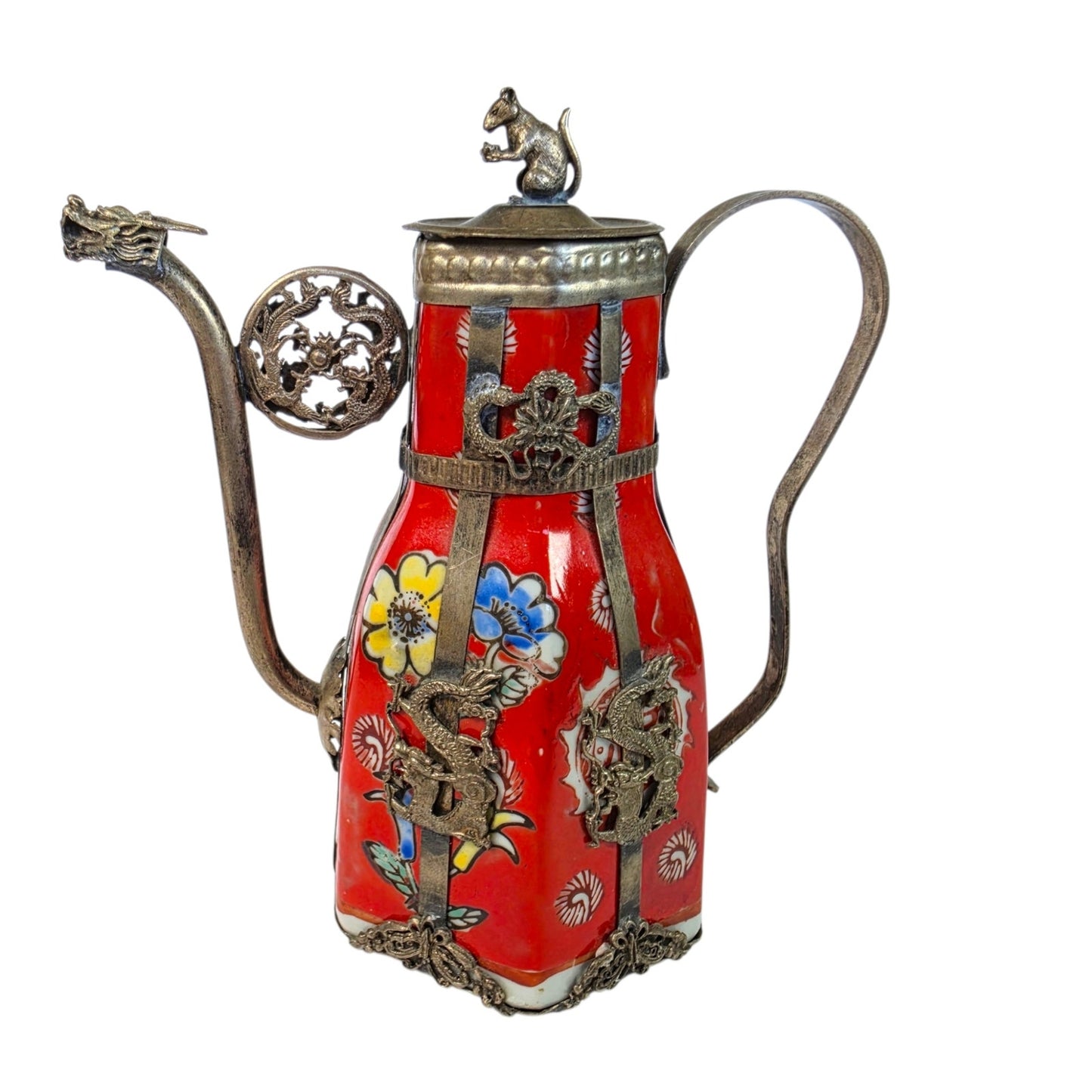 Vintage Miniature Tibetan Porcelain Teapot Metal Filigree Red Dragon Squirrel